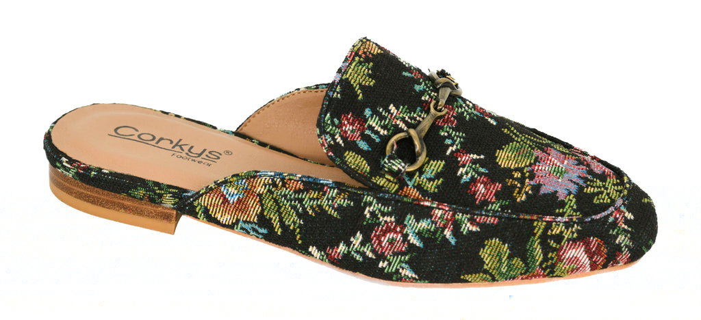 Corkys Charmer Black Floral Brocade Mules | newcondosarlington